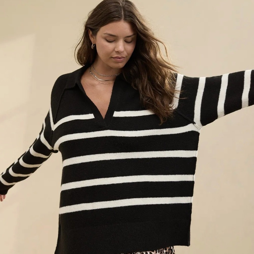 Aerie Unreal Relaxed Polo Striped Black Oversized‎ Sweater Medium Preppy Cozy